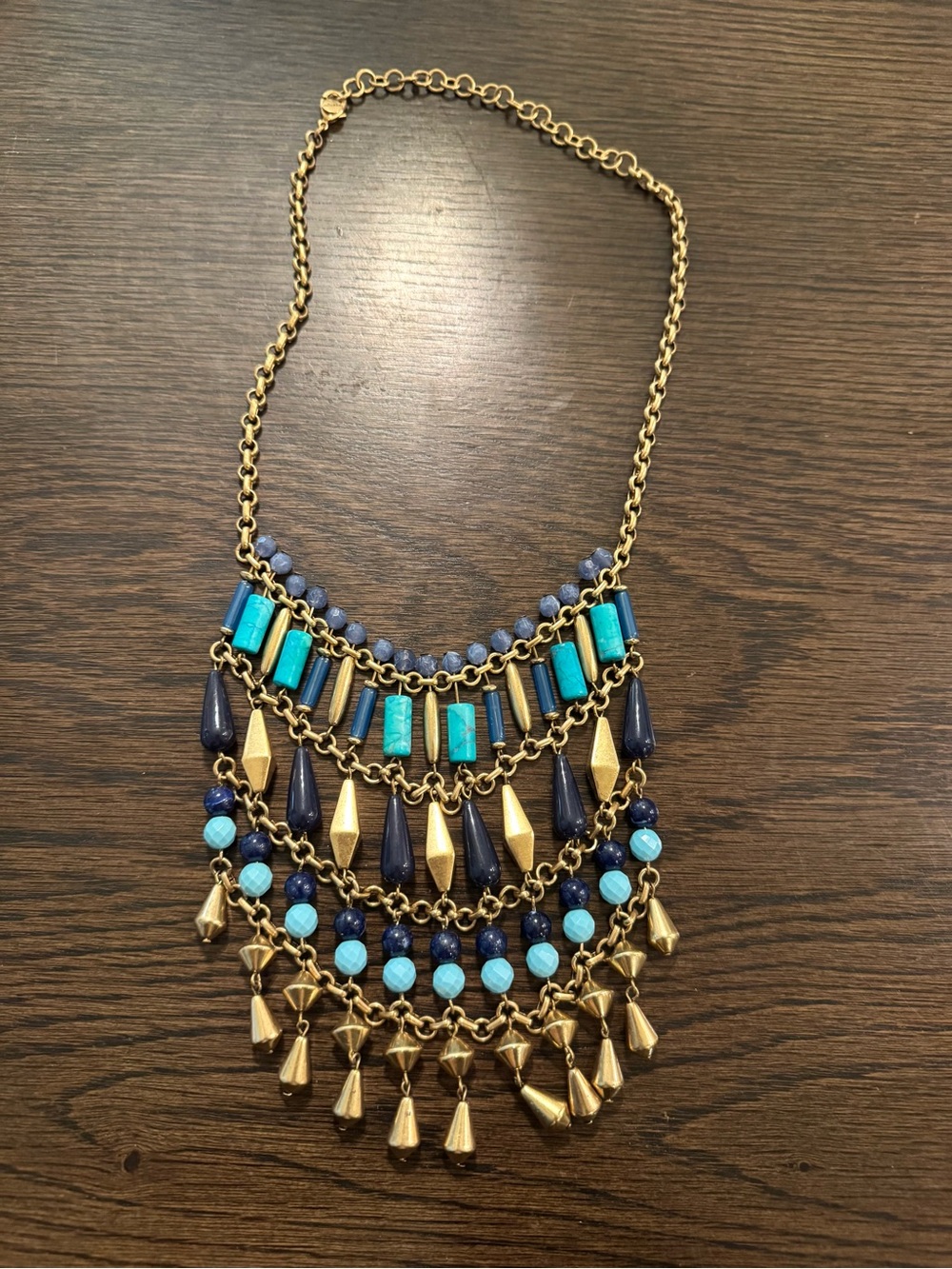 Stella & Dot Gold-Tone Bib Necklace with Turquoise, Navy Teal Beads Display - Picture 4 of 8